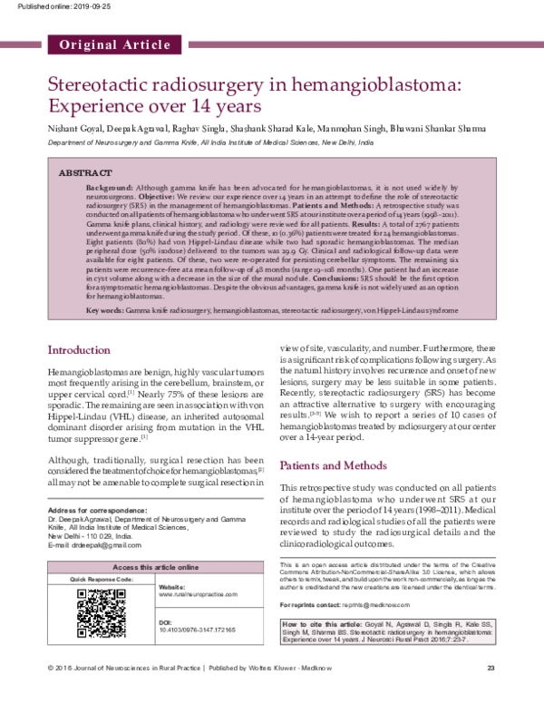 (PDF) Stereotactic radiosurgery in hemangioblastoma Experience over 14