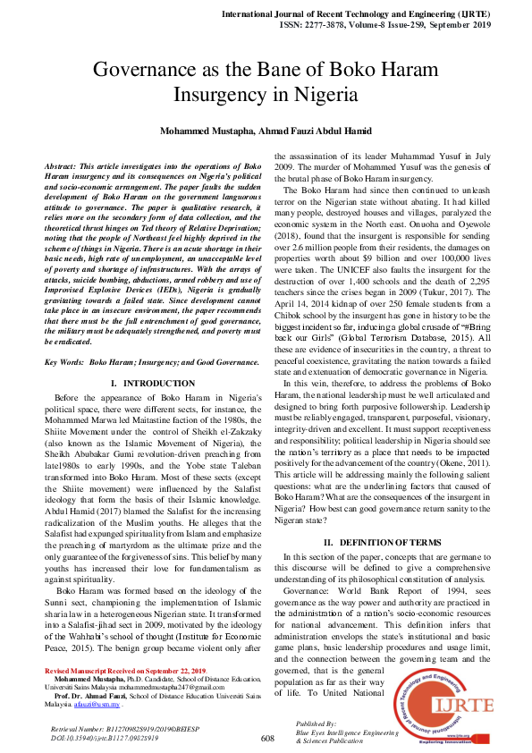 (PDF) Governance as the Bane of Boko Haram Insurgency in Nigeria