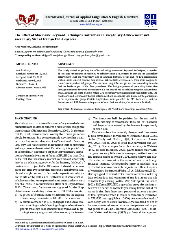 (PDF) The Effect of Mnemonic Keyword Techniques Instruction on ...