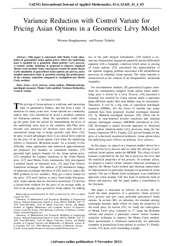 (PDF) Variance Reduction with Control Variate for Pricing Asian Options ...