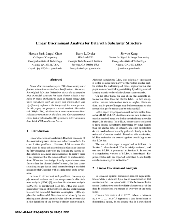 (PDF) Linear discriminant analysis for data with subcluster structure