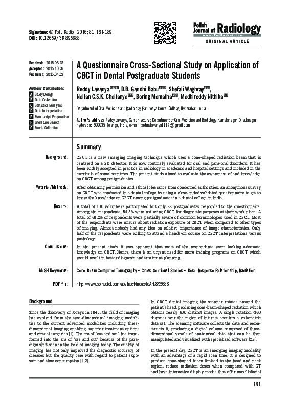 (PDF) A Questionnaire CrossSectional Study on Application of CBCT in