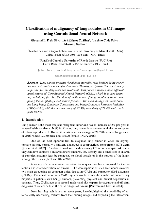 (PDF) Classification of malignancy of lung nodules in CT images using ...