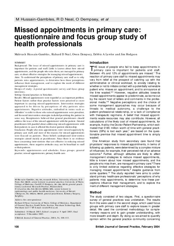 Pdf Missed Appointments In Primary Care Questionnaire And Focus