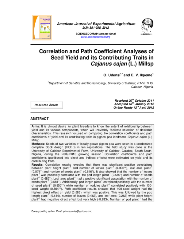 (PDF) Correlation and Path Coefficient Analyses of Seed Yield and its ...