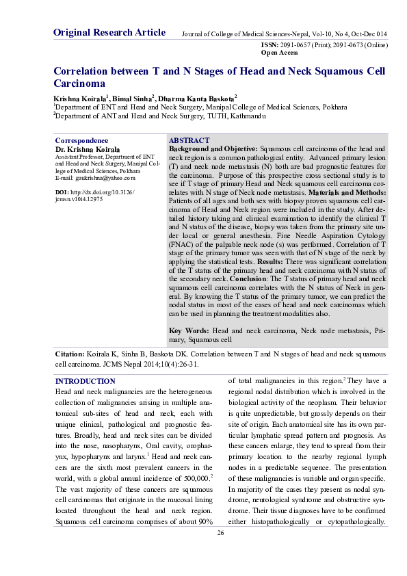 (PDF) Correlation between T and N Stages of Head and Neck Squamous Cell ...