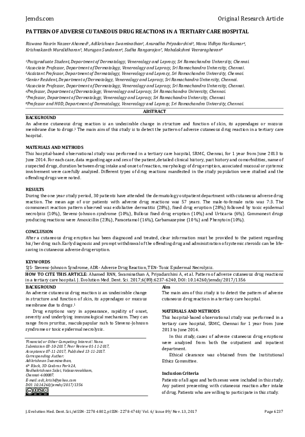 (PDF) Pattern of Adverse Cutaneous Drug Reactions in a Tertiary Care ...