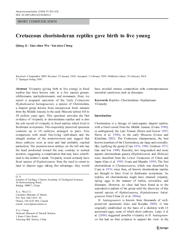 (PDF) Cretaceous choristoderan reptiles gave birth to live young
