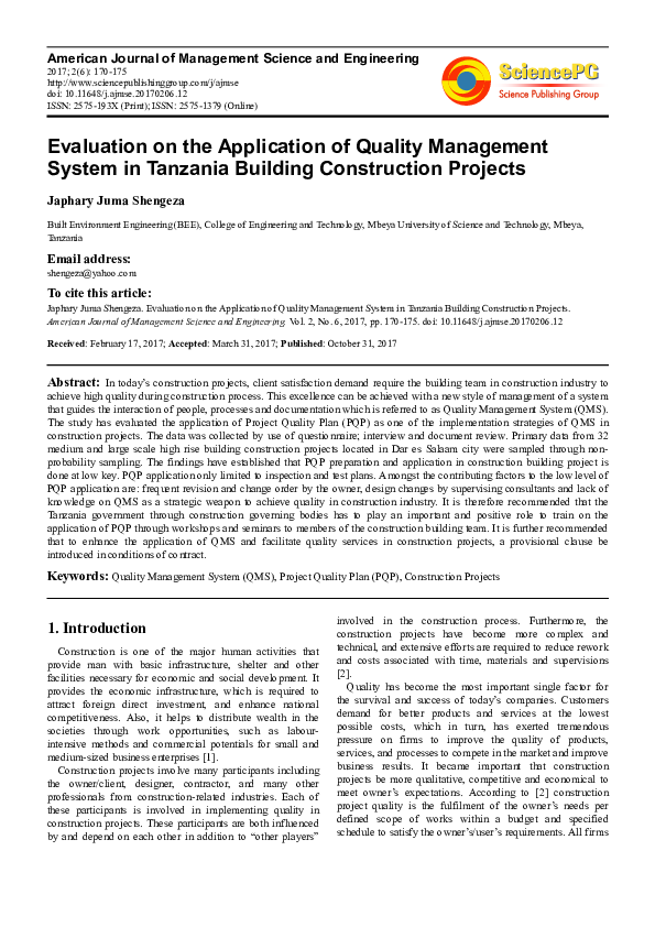 (PDF) Evaluation on the Application of Quality Management System in ...