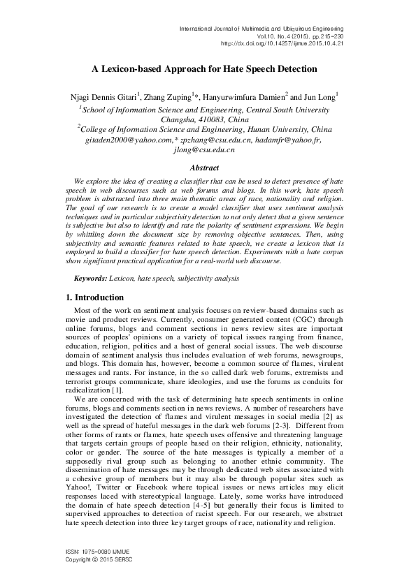 (PDF) A Lexicon-based Approach for Hate Speech Detection