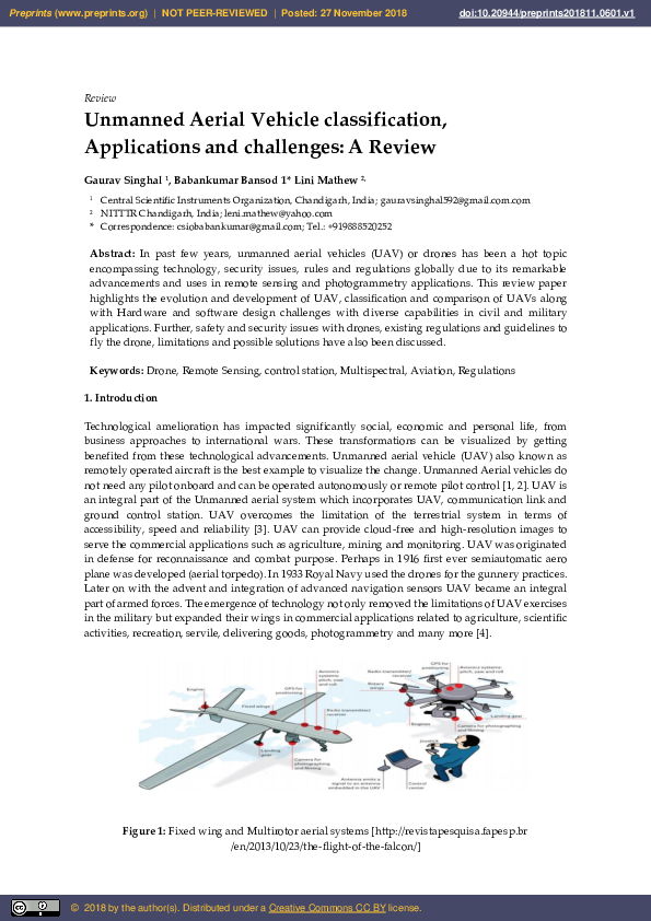 (PDF) Unmanned Aerial Vehicle Classification, Applications and