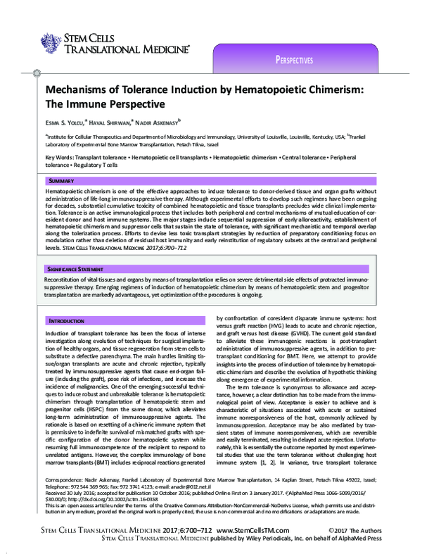 (PDF) Mechanisms of Tolerance Induction by Hematopoietic Chimerism: The ...
