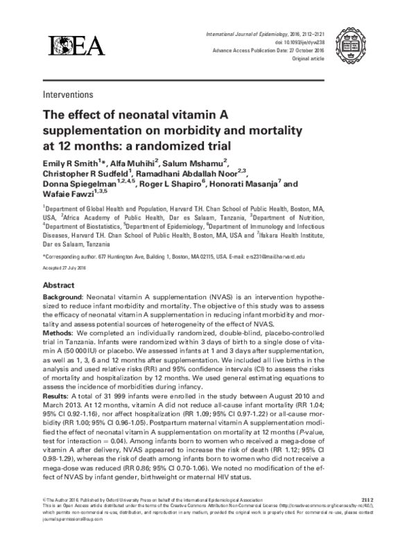 (PDF) The effect of neonatal vitamin A supplementation on morbidity and ...