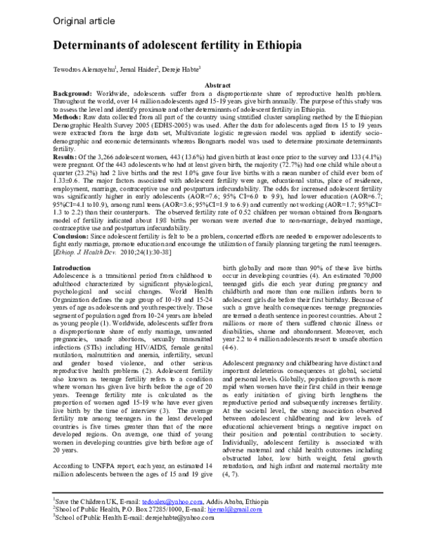 (PDF) Determinants of adolescent fertility in Ethiopia