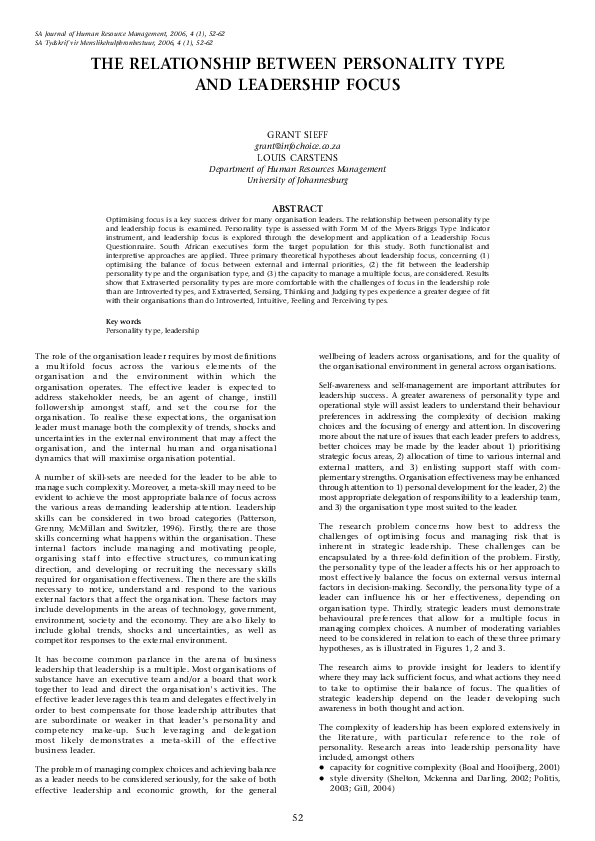 (PDF) The Relationship Between Personality Type And Leadership Focus
