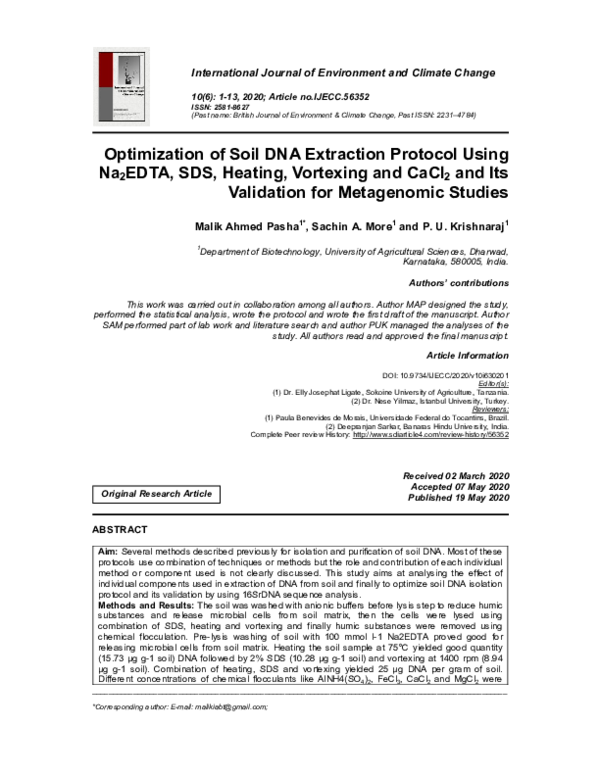 (PDF) Optimization of Soil DNA Extraction Protocol Using Na2EDTA, SDS