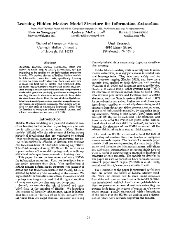 (PDF) Learning Hidden Markov Model Structure for Information Extraction ...