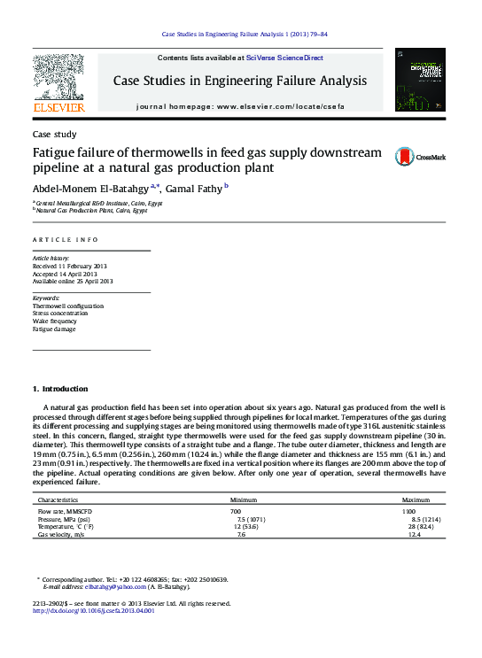 (PDF) Fatigue failure of thermowells in feed gas supply downstream