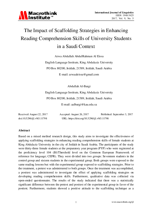 (PDF) The Impact of Scaffolding Strategies in Enhancing Reading Comprehension Skills of