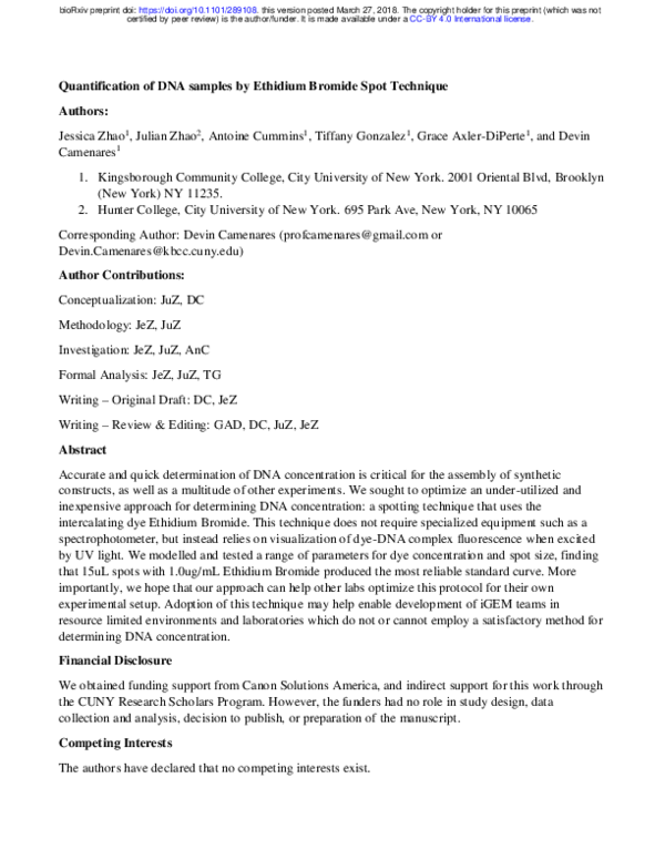 (PDF) Quantification of DNA samples by Ethidium Bromide Spot Technique