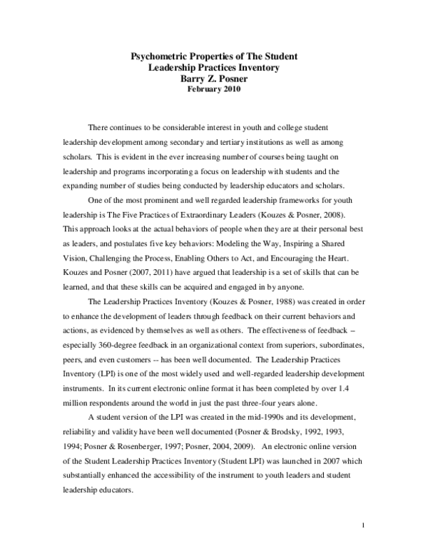 (PDF) Psychometric Properties of the Leadership Practices Inventory-Updated