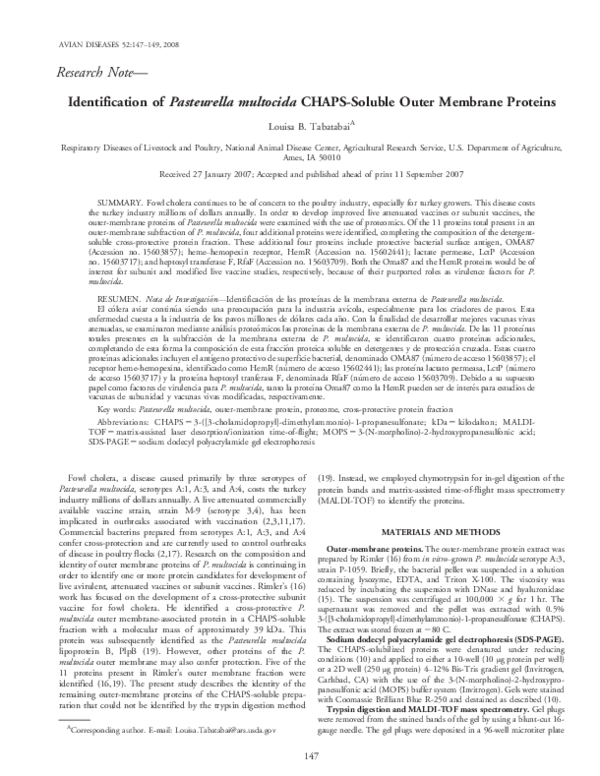 (PDF) Identification of Pasteurella multocida CHAPS-Soluble Outer ...
