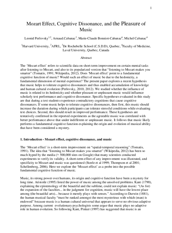 (PDF) Mozart effect, cognitive dissonance, and the pleasure of music
