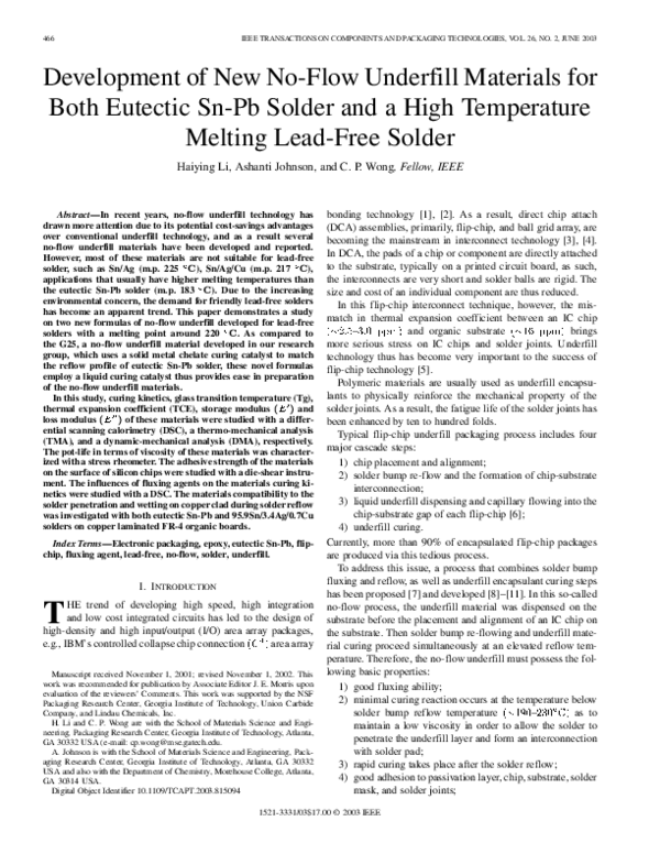 (PDF) Development of new noflow underfill materials for both eutectic