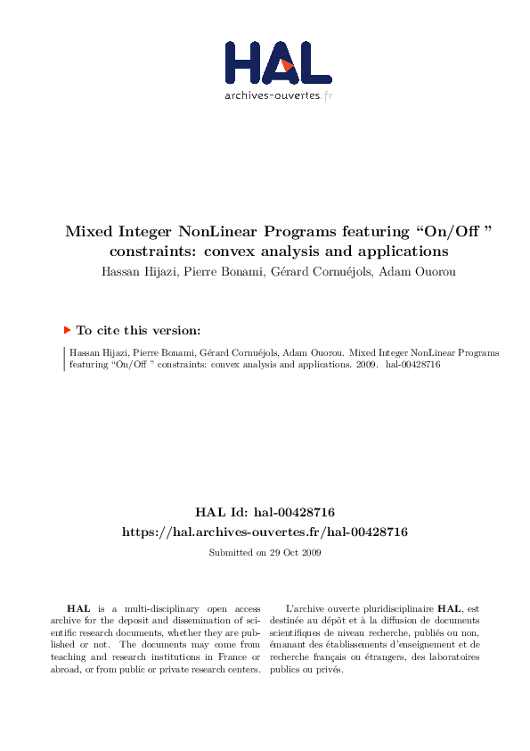 (PDF) Mixed Integer NonLinear Programs featuring “On/Off” constraints ...