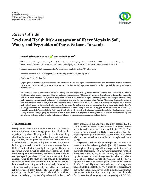 (PDF) Levels and Health Risk Assessment of Heavy Metals in Soil, Water ...