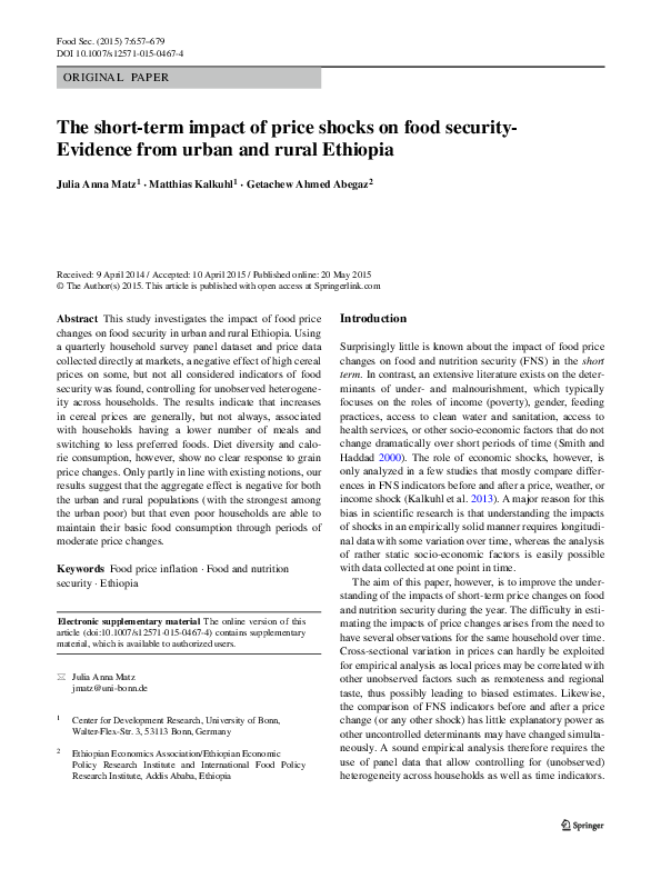 (PDF) The short-term impact of price shocks on food security-Evidence ...