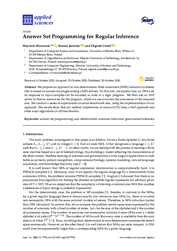 (PDF) Answer Set Programming for Regular Inference | Wojciech Wieczorek ...