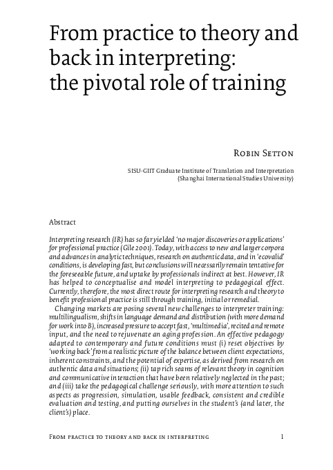 (PDF) From practice to theory and back in interpreting: the pivotal ...