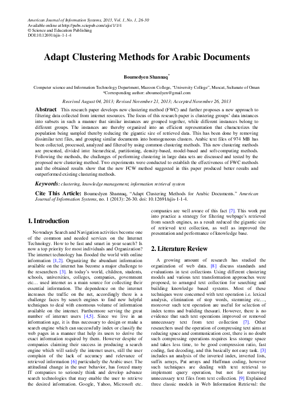 (PDF) Adapt Clustering Methods for Arabic Documents