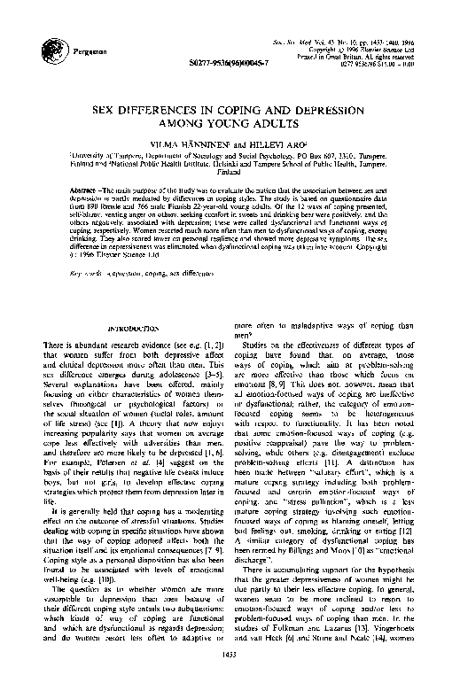 (PDF) Sex differences in coping and depression among young adults