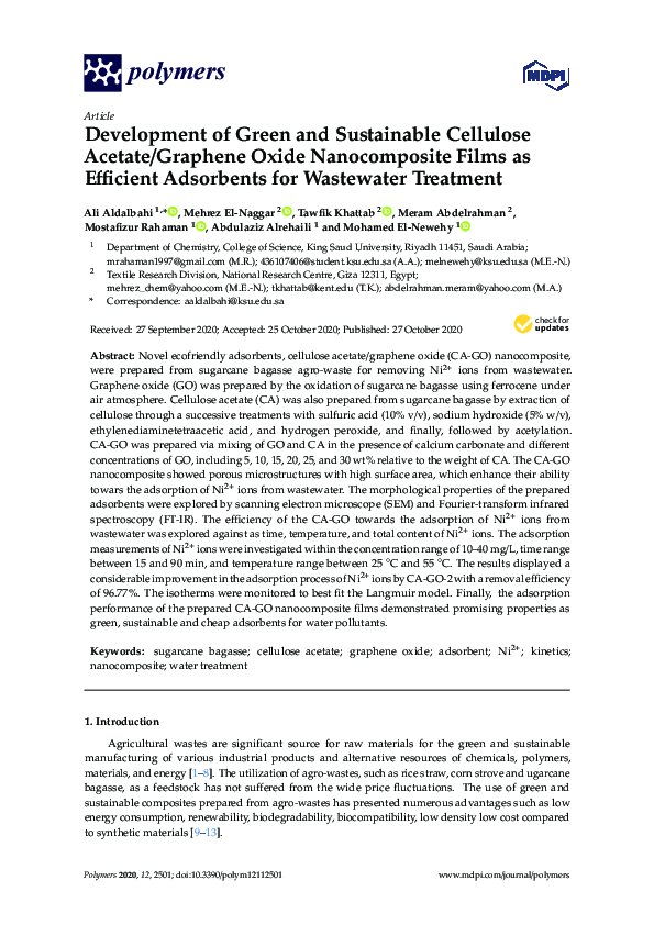(PDF) Development of Green and Sustainable Cellulose Acetate/Graphene ...