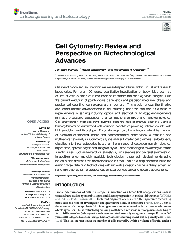 (PDF) Cell Cytometry: Review and Perspective on Biotechnological Advances