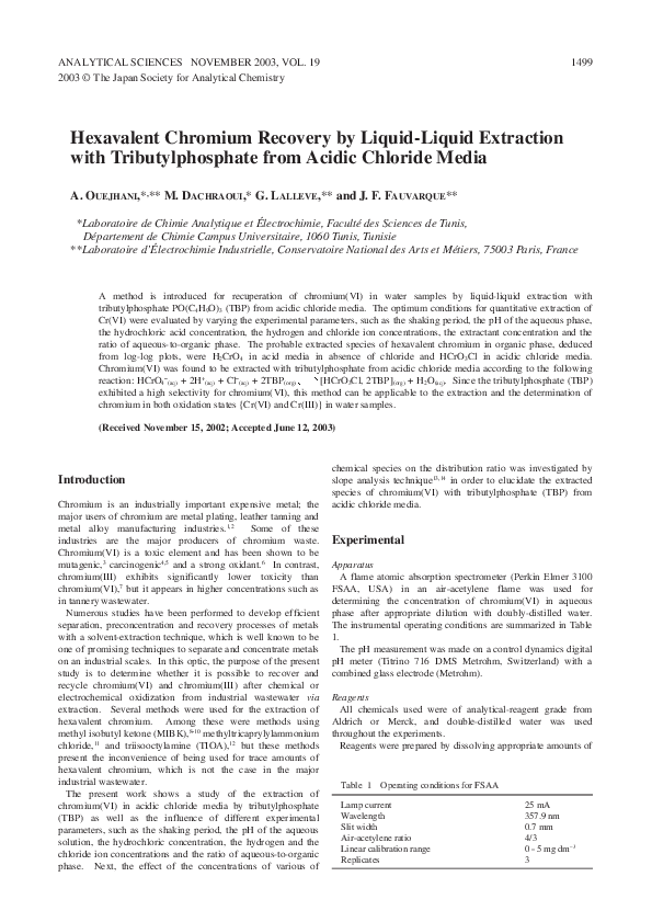 (PDF) Hexavalent Chromium Recovery by Liquid-Liquid Extraction with ...