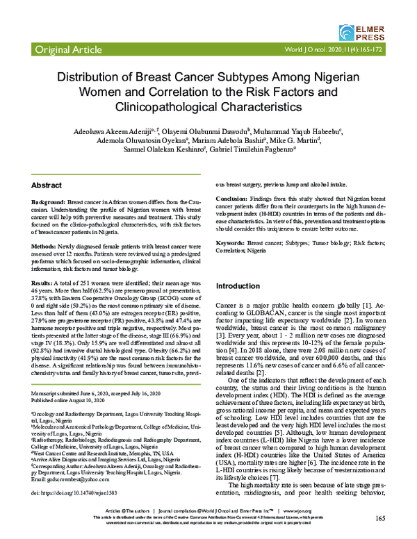 (PDF) Distribution of Breast Cancer Subtypes Among Nigerian Women and ...