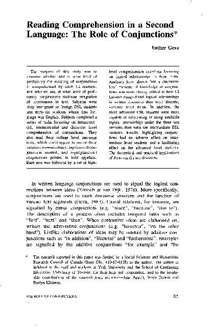 (PDF) Reading Comprehension in a Second Language: The Role of Conjunctions