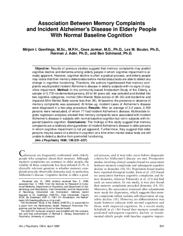 (PDF) Association between memory complaints and incident Alzheimer's ...
