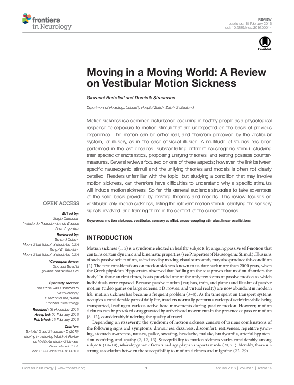 (PDF) Moving in a Moving World: A Review on Vestibular Motion Sickness