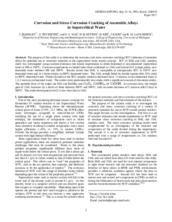 (PDF) Stress Corrosion Cracking of Austenitic Alloys in Supercritical Water