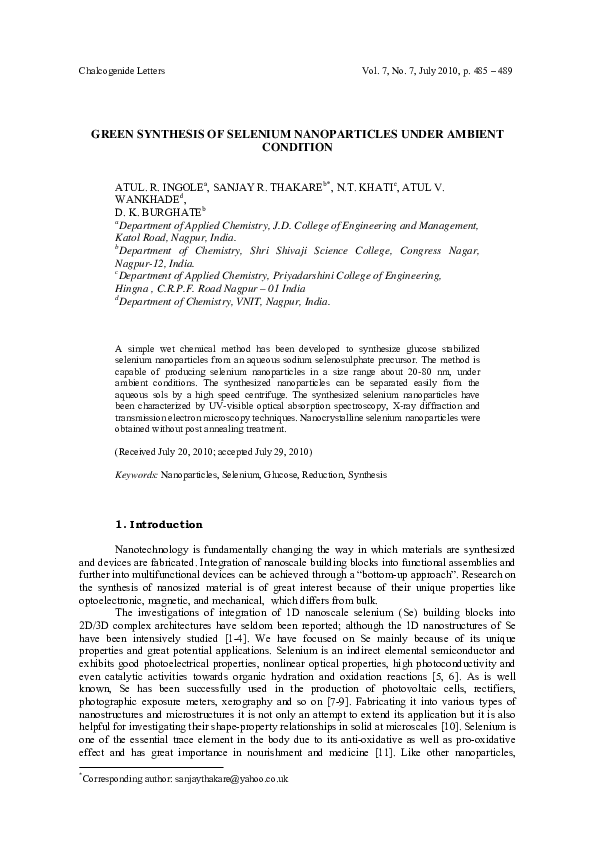 (PDF) Green synthesis of selenium nanoparticles under ambient condition