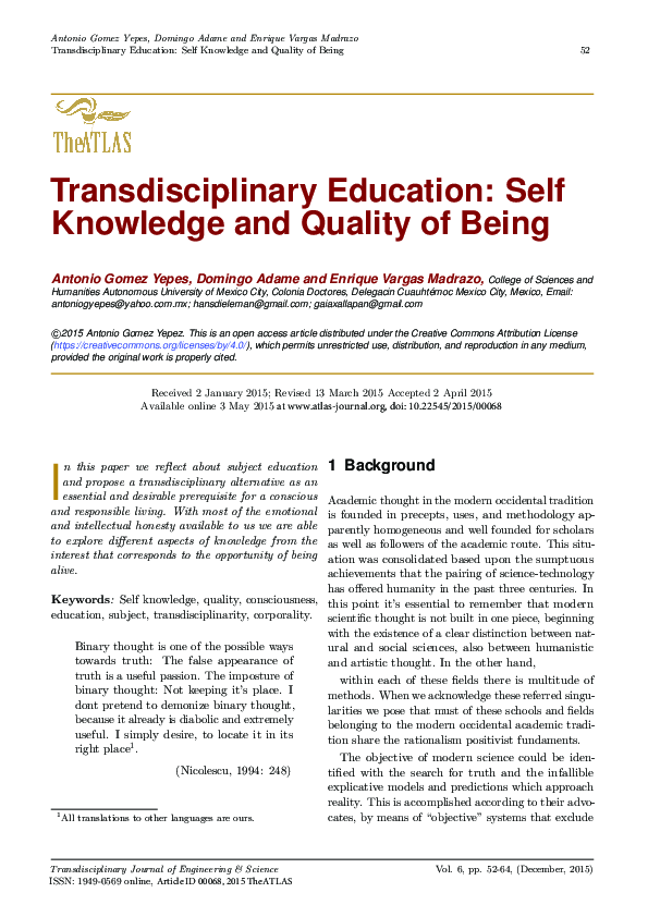 (PDF) Transdisciplinary Education: Self Knowledge and Quality of Being
