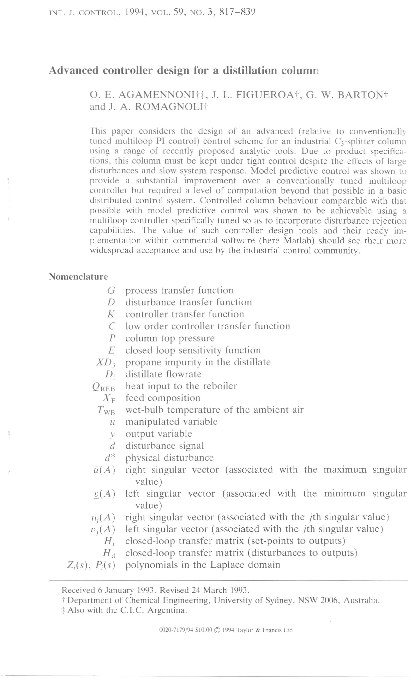 (PDF) Advanced controller design for a distillation column