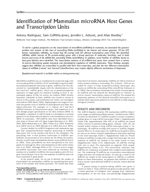 (PDF) Identification of mammalian microRNA host genes and transcription ...