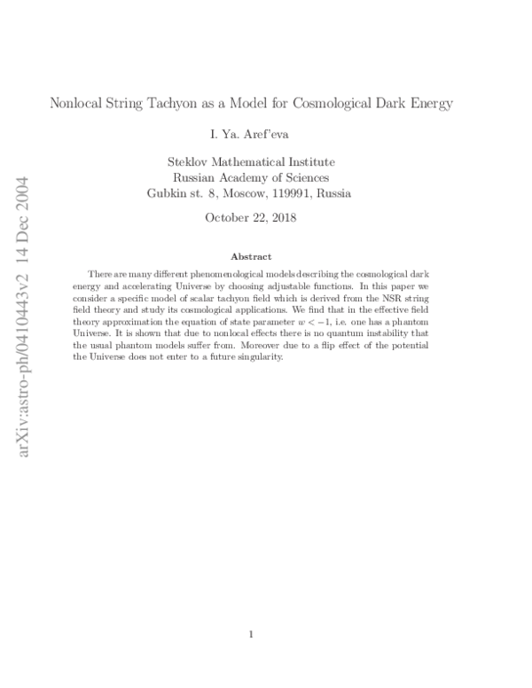 (PDF) Nonlocal String Tachyon as a Model for Cosmological Dark Energy