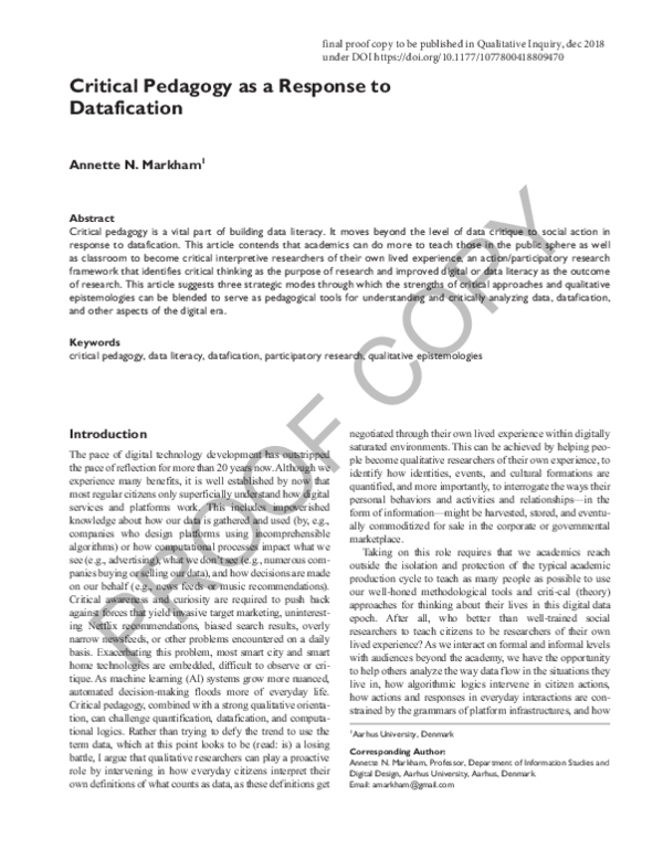 (PDF) Critical Pedagogy as a Response to Datafication
