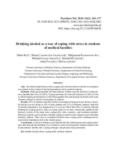 (PDF) Drinking alcohol as a way of coping with stress in students of ...